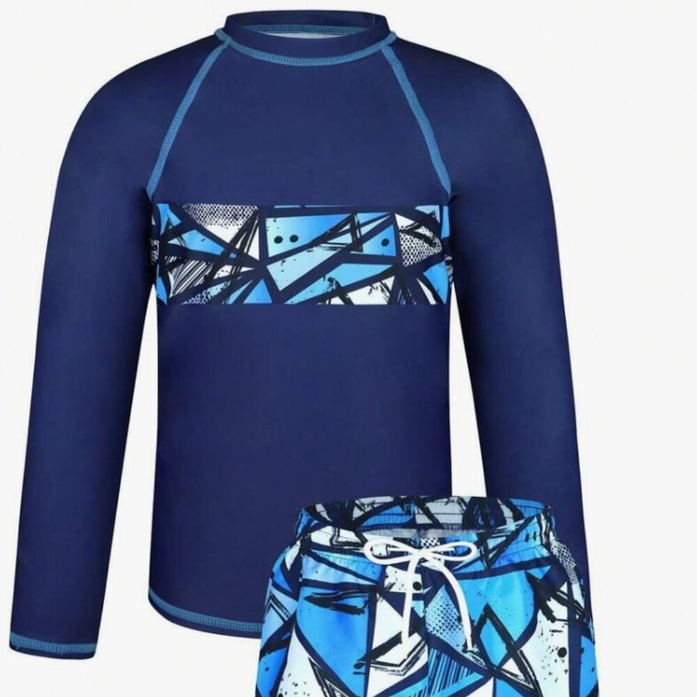 SHEIN 2Pcs/Set Tween Boys Swimwear. Front Piece Placement Print/Bottom 12 yr old